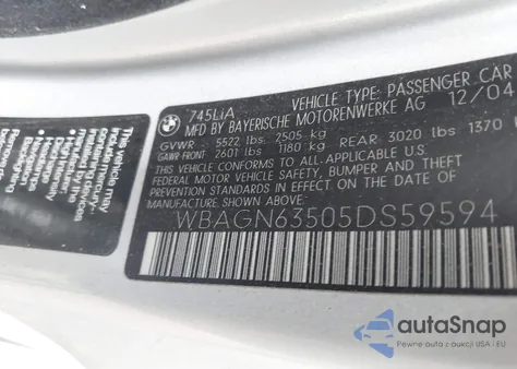 2005 BMW 745Li из США, поврежденный, VIN WBAGN63505DS59594